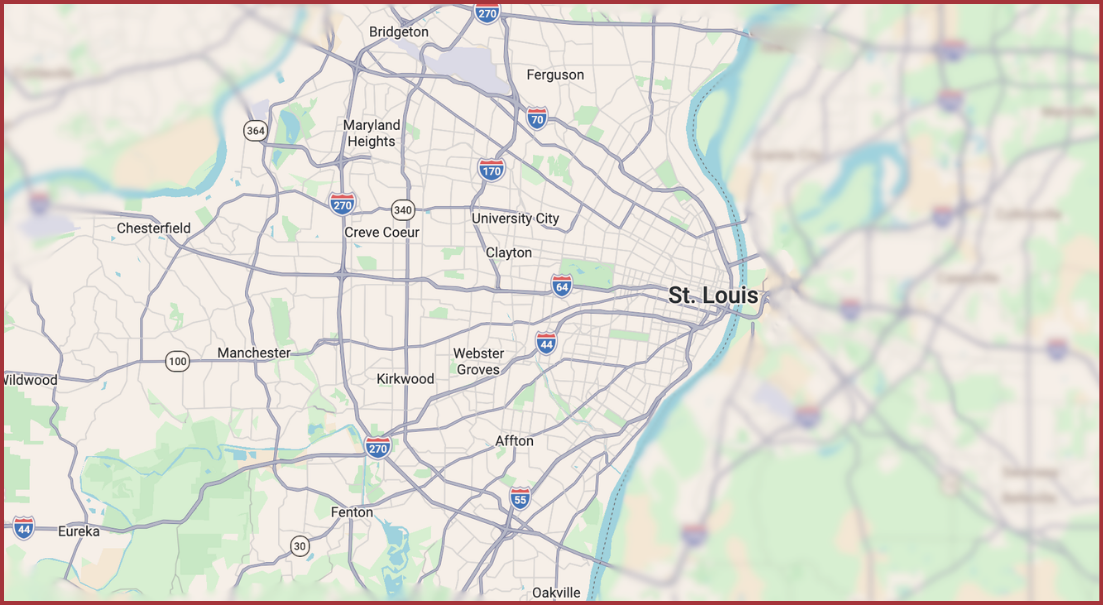 image of a map of St. Louis showing area between Missouri and Mississippi rivers that Aries Co. serves